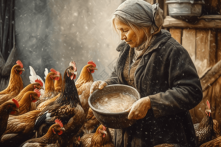 在农场给鸡喂食的女人背景