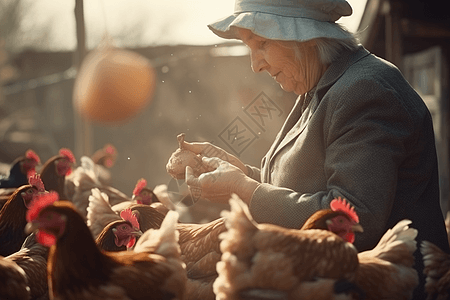 在农场喂鸡的女人图片