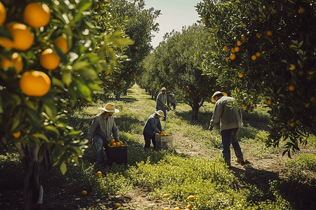 一群工人在树林中摘橘子图片