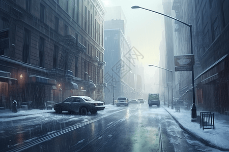 行驶在城市暴雪中的车辆图片