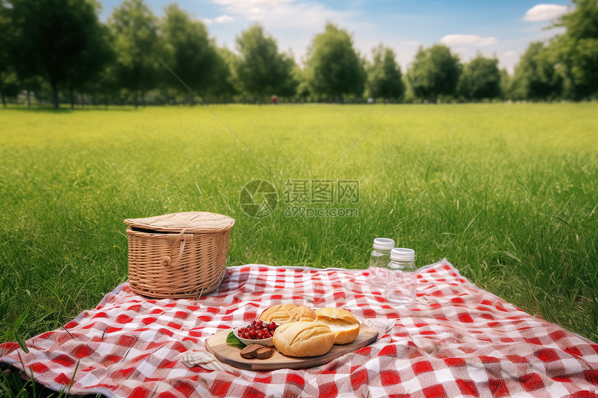 春天草地上的野餐图片
