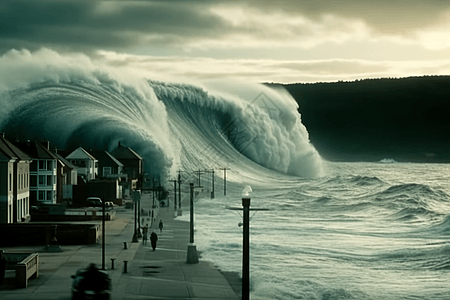 海浪耸立在沿海城镇上图片