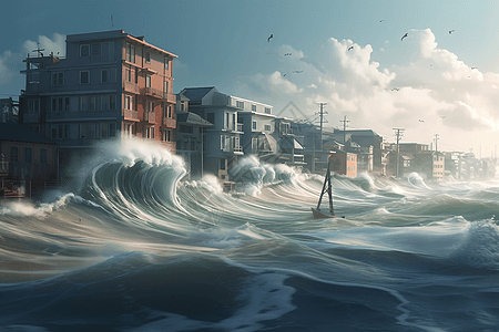 海滨城市海浪淹没下的建筑设计图片