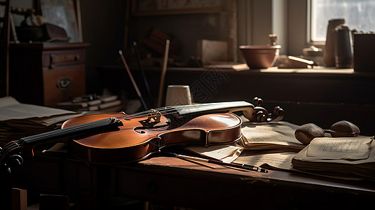 桌子上的小提琴高清图片