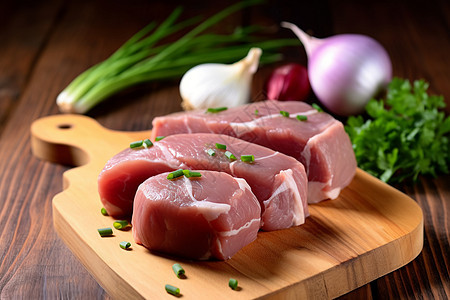 木盘上腌制的生猪肉图片