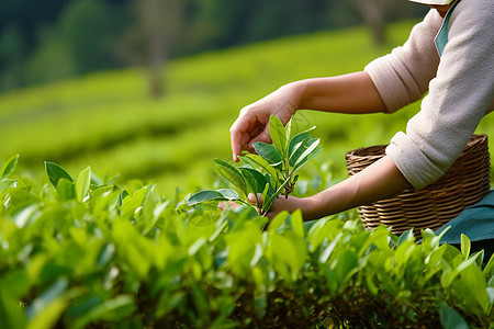 在茶园采摘茶叶的工人图片