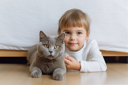 小女孩和短毛猫趴在地上图片