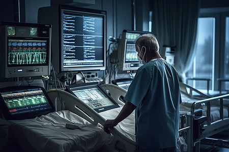 医生站在ICU病房仪器前面图片