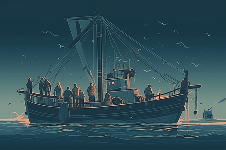 捕鱼的商业渔船插画图片