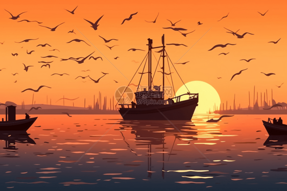 日落时渔船后面的海鸥图片