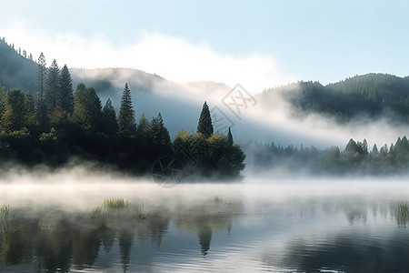 清晨雾在山上的湖泊背景图片