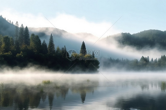 清晨雾在山上的湖泊图片