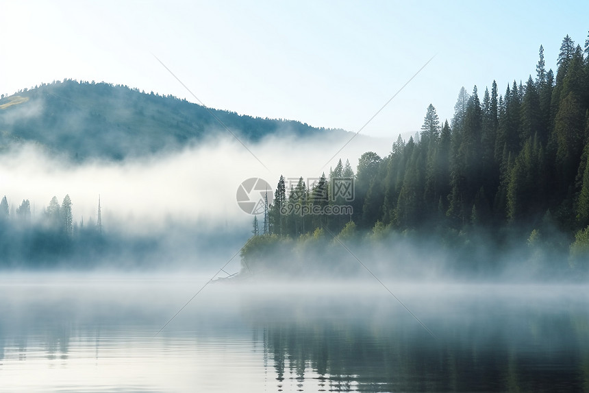山上的湖泊笼罩在晨雾中图片