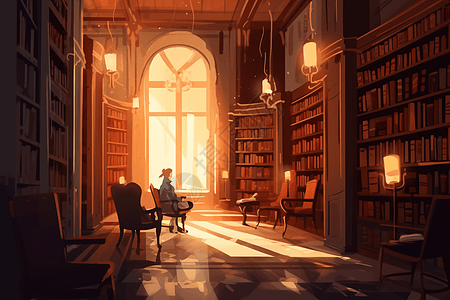 看书的人坐在图书馆椅子上的人插画