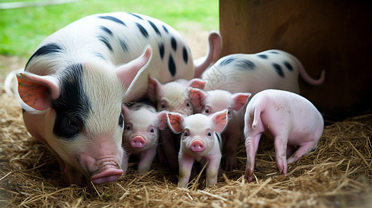 猪养殖场格洛斯特老斑点母猪和她的小猪背景