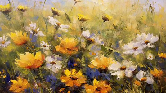 花园中黄色花朵的油画插图图片