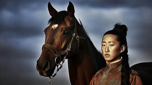 民族女子牵着马匹图片