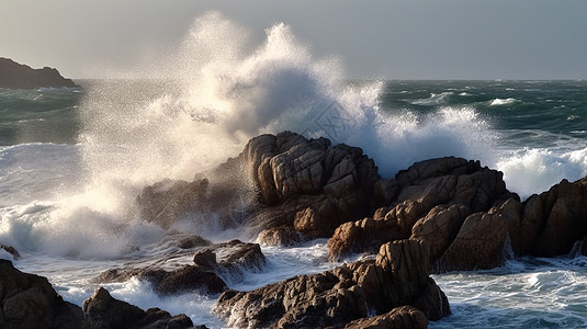刮风的大浪在撞击岩石图片