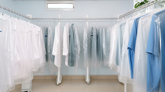 现代干洗店的衣架图片