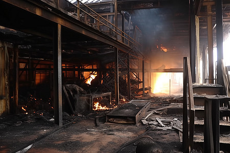 遇到火灾的脏乱工厂图片