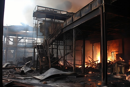 受到火灾的废墟工厂图片