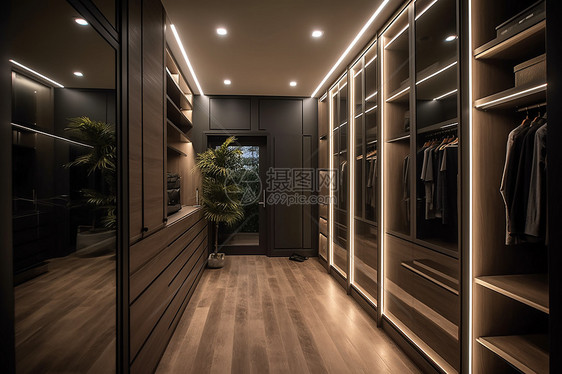 优雅的步入式衣柜与定制照明设计的豪华外观。图片