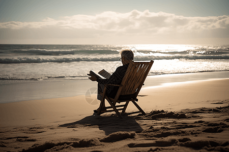 老人躺在沙滩椅上看书图片