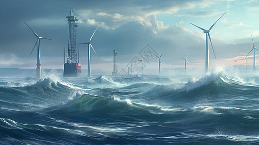 海洋涡轮机在滚滚海浪的背景下屹立不倒高清图片
