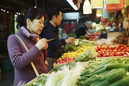 中年女性在菜场买菜图片