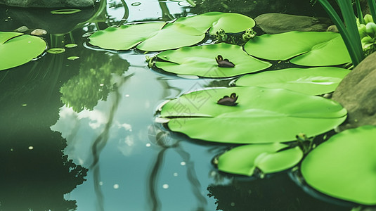 青蛙蹲在荷叶上池塘里的荷叶背景