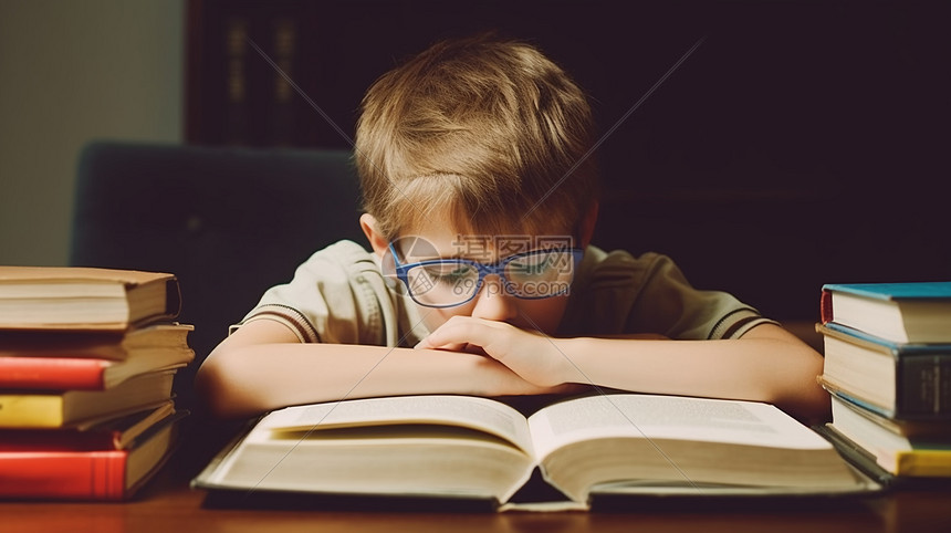 外国小男孩夜晚阅读书籍图片
