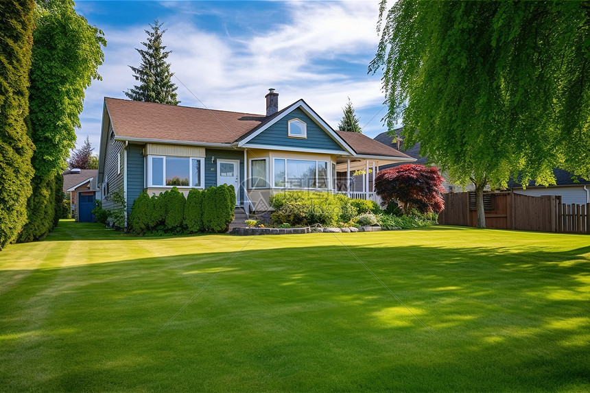 舒适的家与绿色草坪在树荫前图片