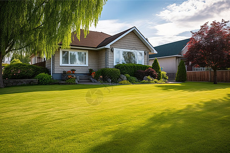 舒适的家与绿色草坪在图片
