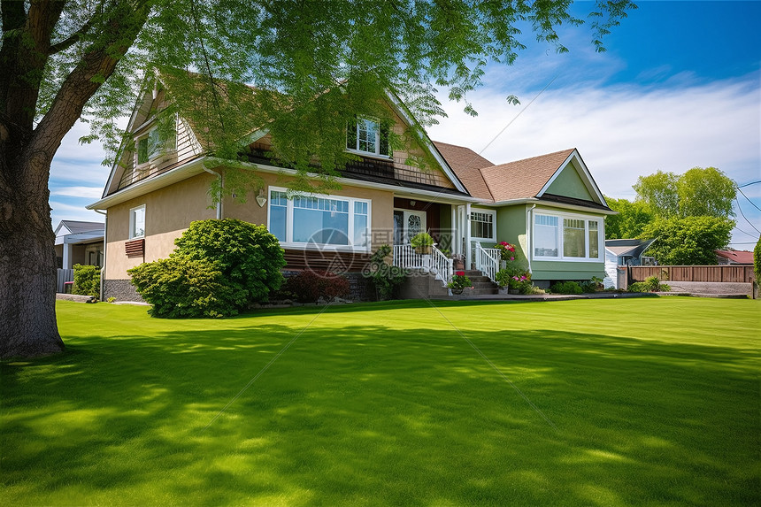 树荫前舒适的家与绿色草坪图片