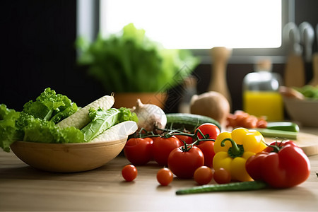 厨房桌子上的新鲜健康蔬菜图片