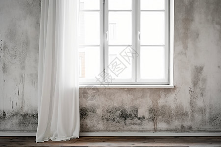 破旧的房屋白色窗帘图片