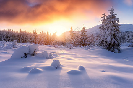冬季森林的日出景观图片