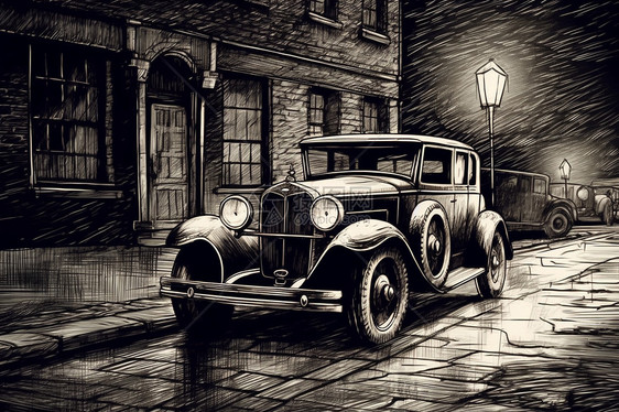 夜晚街道上的老式汽车插图图片