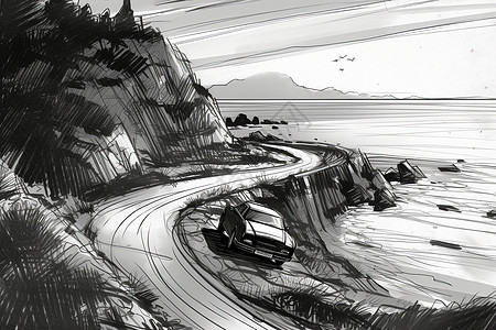 沿海道路上汽车草图图片
