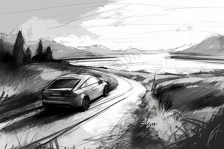 沿海道路上汽车草图的广角视图图片
