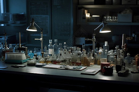 台面上各种科学实验工具图片