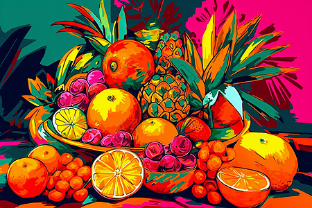 热带水果和鲜花的静物插图背景图片