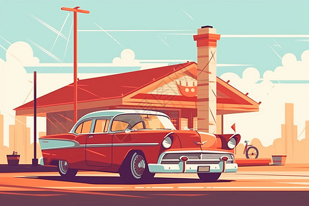 在阳光明媚的日子里乡村汽车停在老式加油站前图片