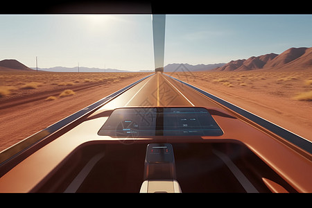 在沙漠高速公路上行驶的太阳能汽车的驾驶员视角高清图片