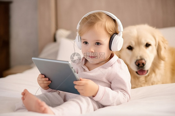 可爱的孩子用平板电脑听音乐图片
