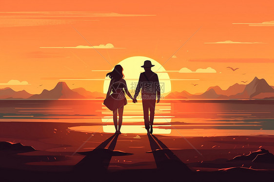 日落下牵手在海滩上散步的情侣插图图片