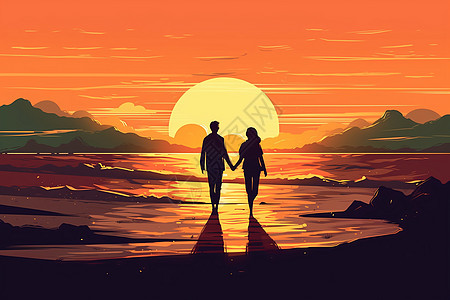 日落下伴侣牵手在海滩上散步插图图片