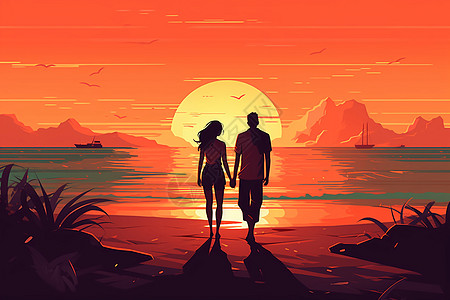 日落下伴侣牵手在海滩上散步图片