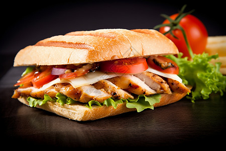 美味的鸡肉三明治配黄奶酪和蔬菜图片