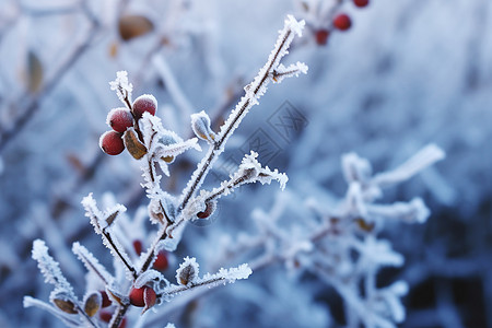 霜降柿子冬天树枝上冰霜植物背景